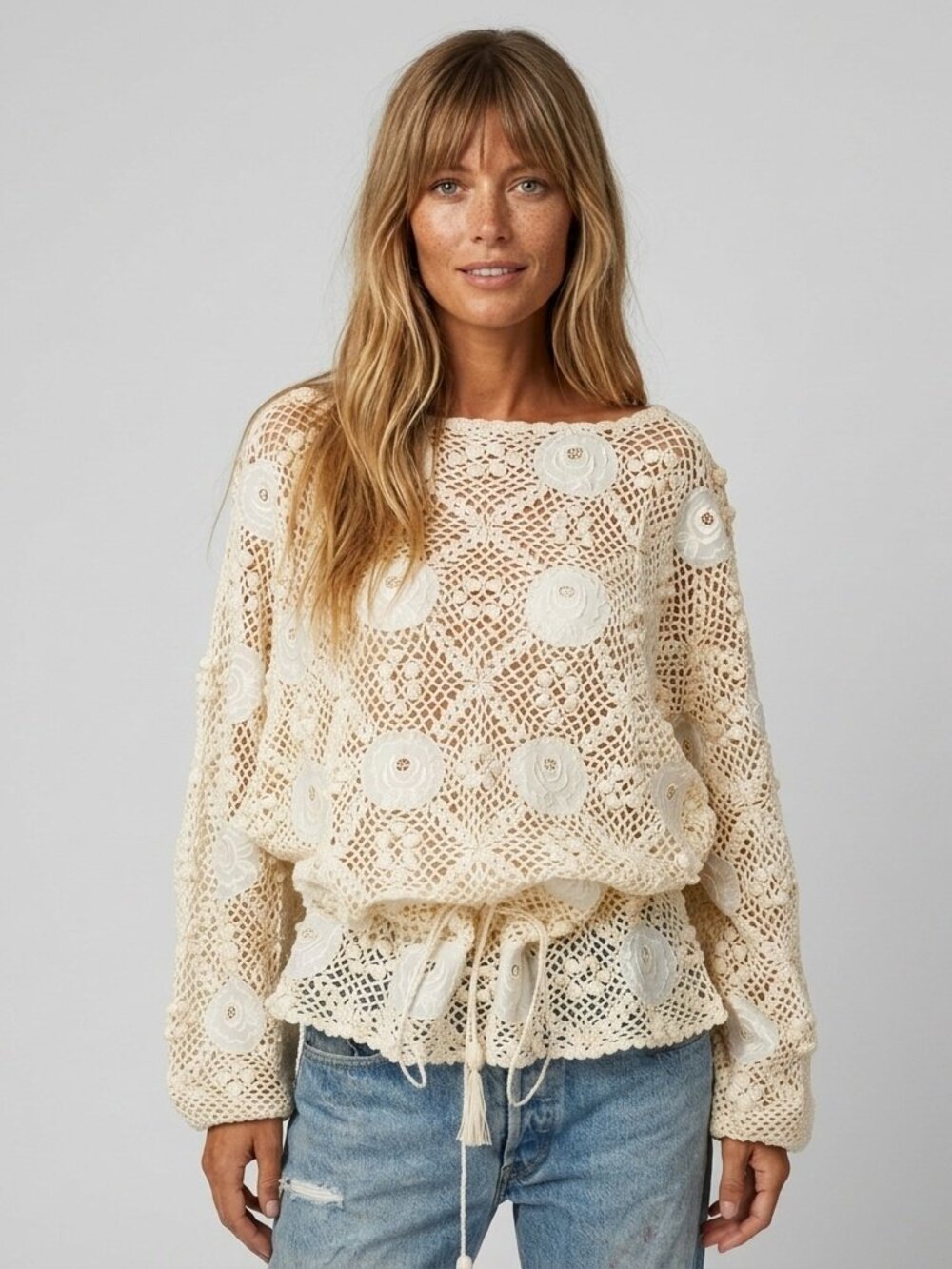 Vintage Hand Crochet Cotton Lace Embroidered Sheer Mesh Sweater Blouse